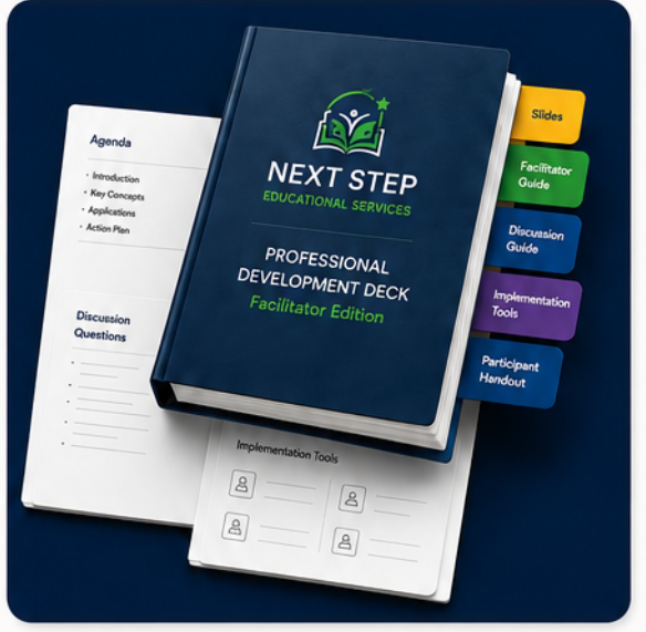 Next Step facilitator deck with color-coded tabs, agenda page, and implementation tools
